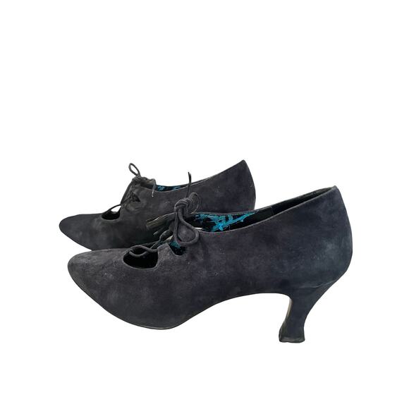 Lord & Taylor Navy Suede Lace-Up Cutout Kitten Heels Olivette 7M Retro - Picture 5 of 13